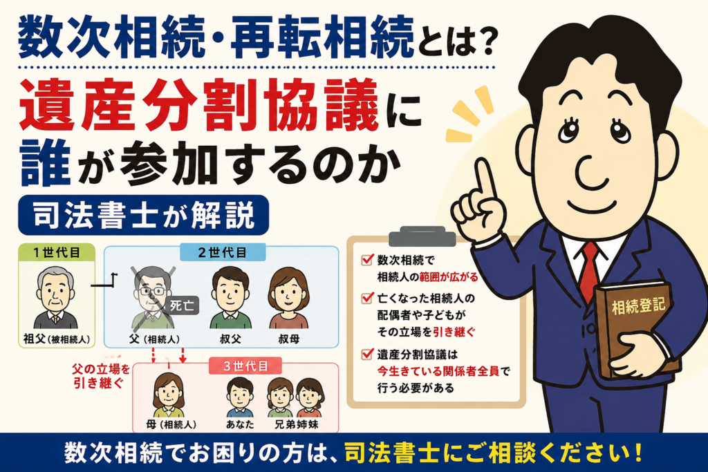 数次相続・再転相続とは？遺産分割協議に誰が参加するのかについて司法書士が解説する横濱つきあかり法務事務所のブログ記事アイキャッチ画像