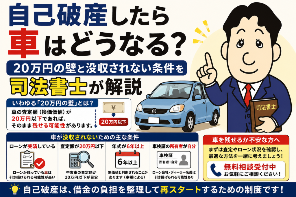 自己破産したら車はどうなる？20万円の壁と没収されない条件について司法書士が解説する横濱つきあかり法務事務所のブログ記事アイキャッチ画像