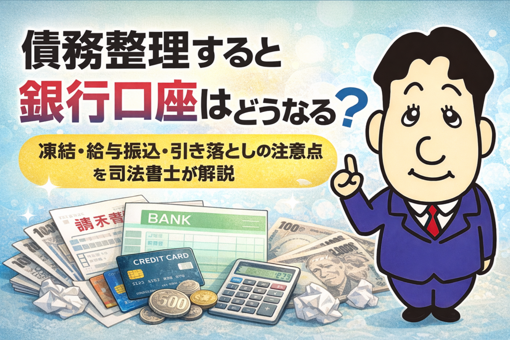 債務整理すると銀行口座はどうなる?凍結・給与振込・引き落としの注意点について司法書士が解説する横濱つきあかり法務事務所のブログ記事アイキャッチ画像