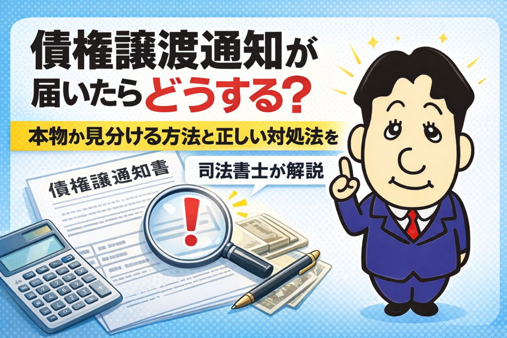 債権譲渡通知が届いたらどうする？本物か見分ける方法と正しい対処法について司法書士が解説する横濱つきあかり法務事務所のブログ記事アイキャッチ画像