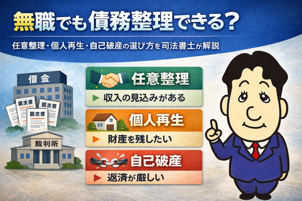 無職でも債務整理できる？任意整理・個人再生・自己破産の選び方について司法書士が解説する横濱つきあかり法務事務所のブログ記事アイキャッチ画像