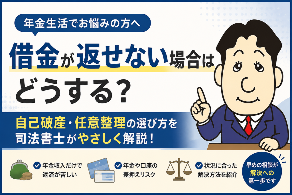 年金生活で借金が返せない場合はどうする?自己破産・任意整理の選び方を司法書士が解説について司法書士が解説する横濱つきあかり法務事務所のブログ記事アイキャッチ画像