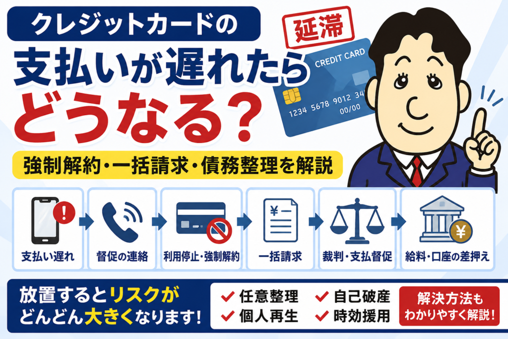 クレジットカードの支払いが遅れたらどうなる？強制解約・一括請求・債務整理について司法書士が解説する横濱つきあかり法務事務所のブログ記事アイキャッチ画像