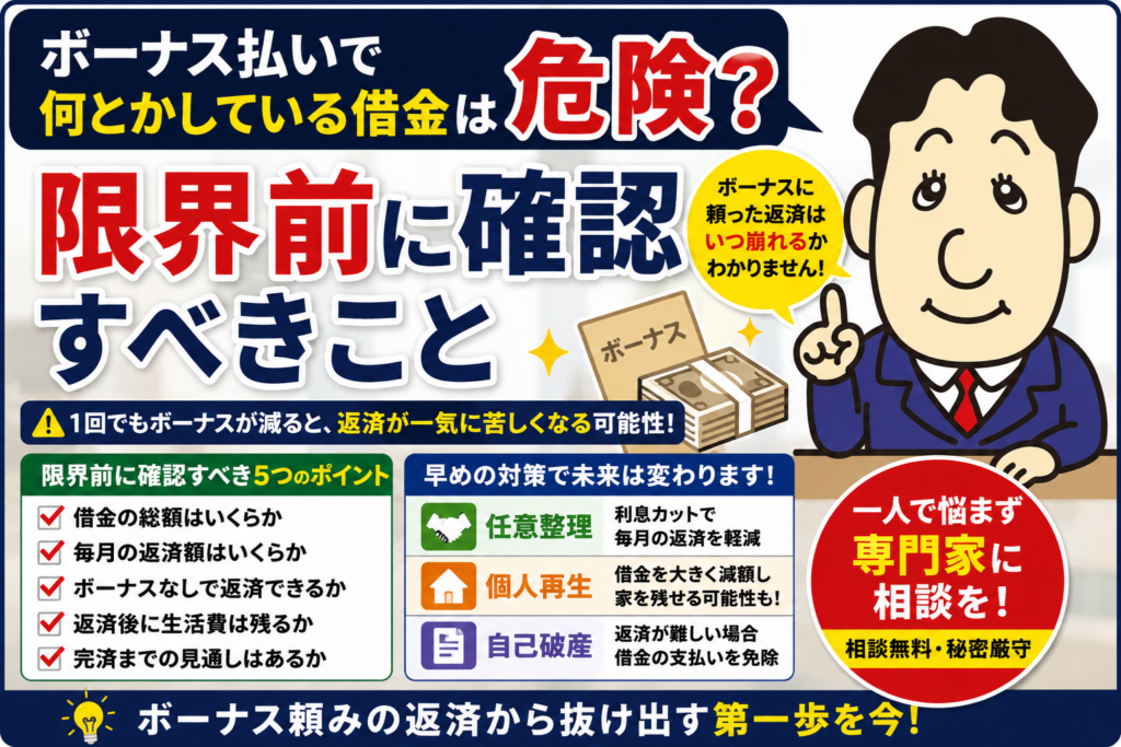 ボーナス払いで何とかしている借金は危険?限界前に確認すべきことについて司法書士が解説する横濱つきあかり法務事務所のブログ記事アイキャッチ画像