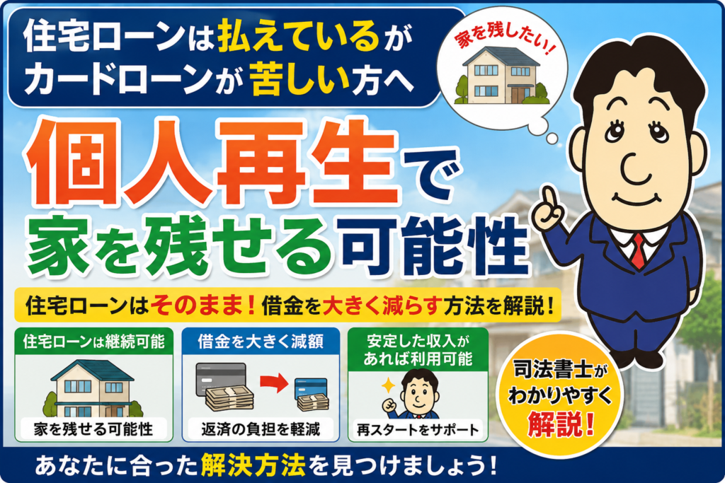 住宅ローンは払えているがカードローンが苦しい方へ|個人再生で家を残せる可能性について司法書士が解説する横濱つきあかり法務事務所のブログ記事アイキャッチ画像
