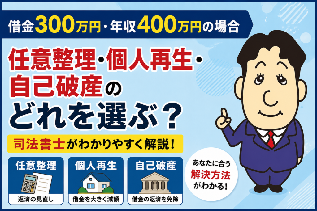 借金300万円・年収400万円の場合は債務整理すべき？任意整理・個人再生・自己破産を比較について司法書士が解説する横濱つきあかり法務事務所のブログ記事アイキャッチ画像