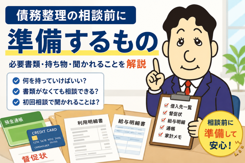 債務整理の相談前に準備するもの|必要書類・持ち物について司法書士が解説する横濱つきあかり法務事務所のブログ記事アイキャッチ画像
