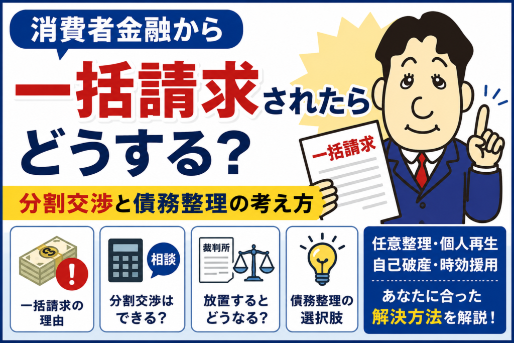 消費者金融から一括請求されたらどうする？分割交渉と債務整理の考え方について司法書士が解説する横濱つきあかり法務事務所のブログ記事アイキャッチ画像