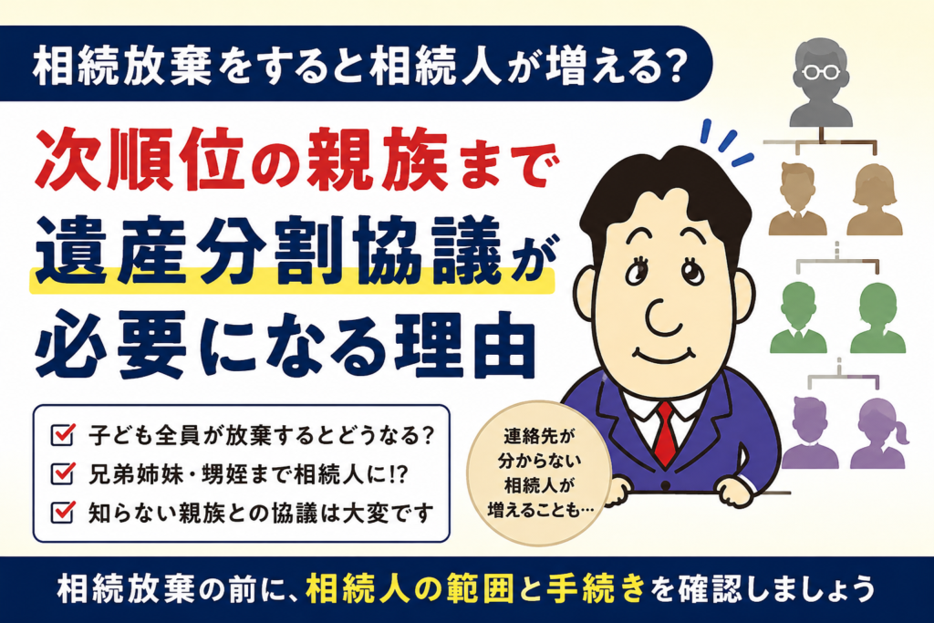 相続放棄をすると相続人が増える？次順位の親族と遺産分割協議への影響について司法書士が解説する横濱つきあかり法務事務所のブログ記事アイキャッチ画像