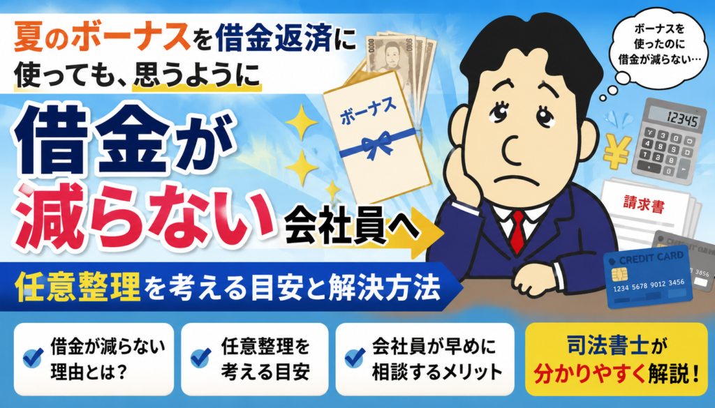 夏のボーナスで借金返済しても、思ったほど借金が減らない会社員の方へ|任意整理を考える目安と解決方法について司法書士が解説する横濱つきあかり法務事務所のブログ記事アイキャッチ画像