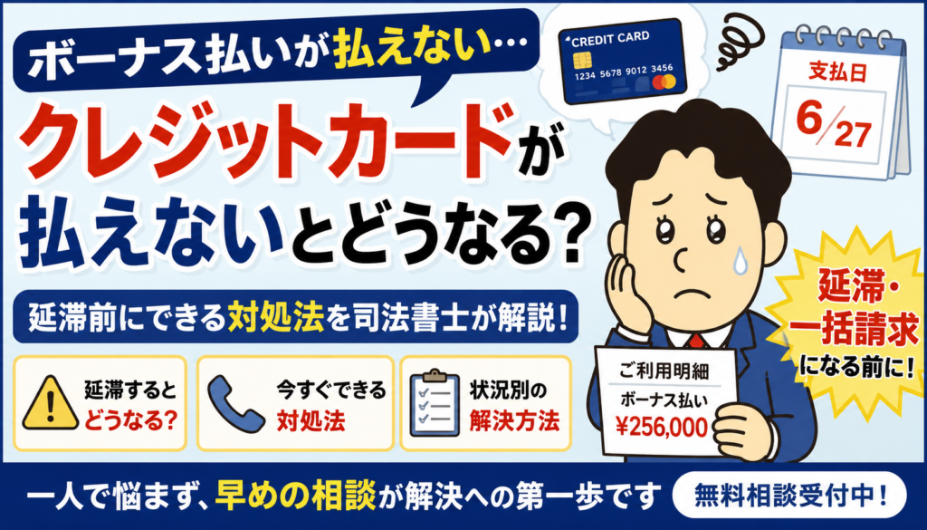 ボーナス払いが払えないとどうなる?カード延滞・一括請求前の対処法について司法書士が解説する横濱つきあかり法務事務所のブログ記事アイキャッチ画像