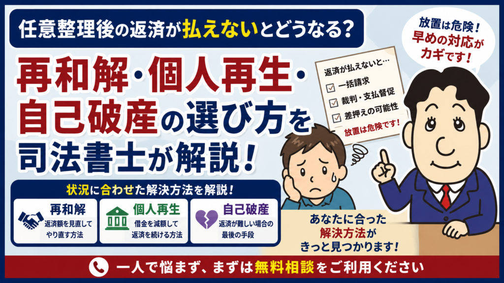 任意整理後の返済が出来ないとどうなる?再和解・個人再生・自己破産の選び方について司法書士が解説する横濱つきあかり法務事務所のブログ記事アイキャッチ画像