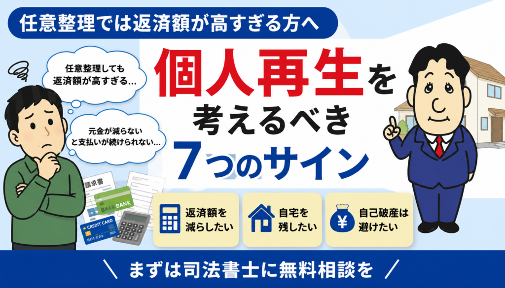 任意整理では返済額が高すぎる方へ|個人再生を考えるべき7つのサインについて司法書士が解説する横濱つきあかり法務事務所のブログ記事アイキャッチ画像