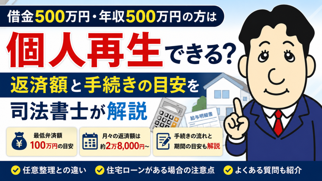 借金500万円・年収500万円の方は個人再生できる？返済額と手続きの目安について司法書士が解説する横濱つきあかり法務事務所のブログ記事アイキャッチ画像