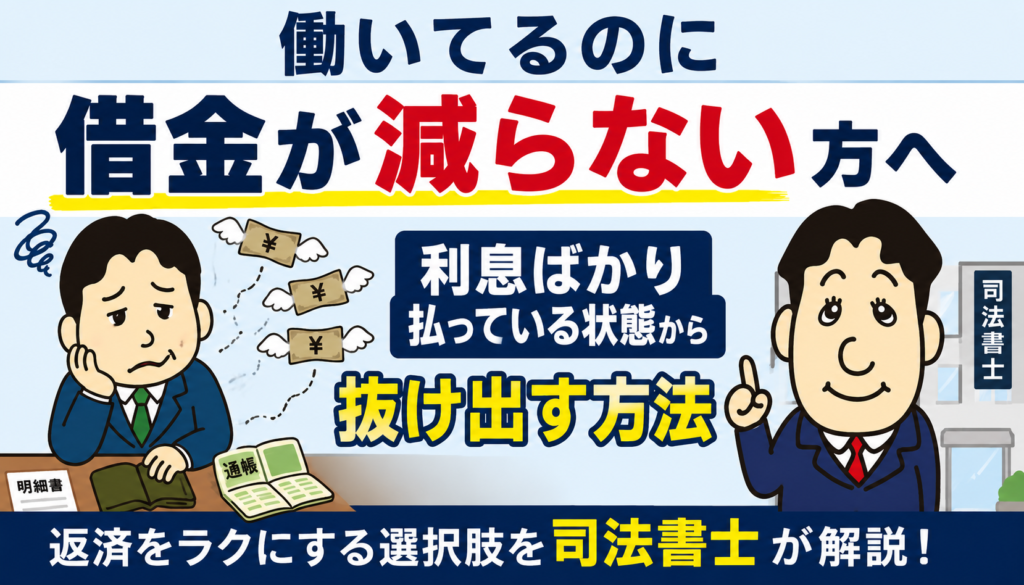 働いてるのに借金が減らない方へ|利息ばかり払う状態から抜け出す方法について司法書士が解説する横濱つきあかり法務事務所のブログ記事アイキャッチ画像