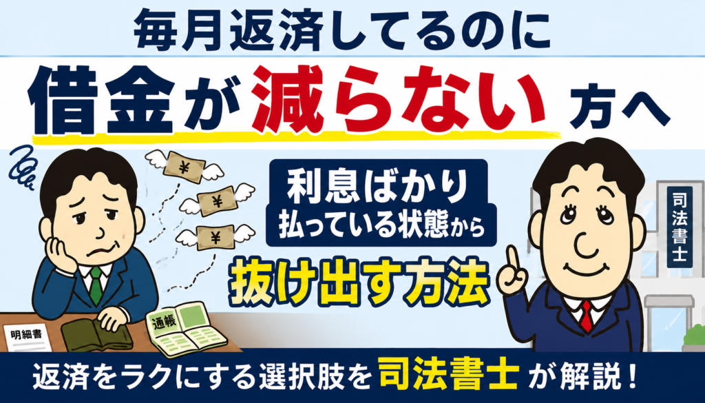 毎月返済してるのに借金が減らない方へ|利息ばかり払う状態から抜け出す方法について司法書士が解説する横濱つきあかり法務事務所のブログ記事アイキャッチ画像