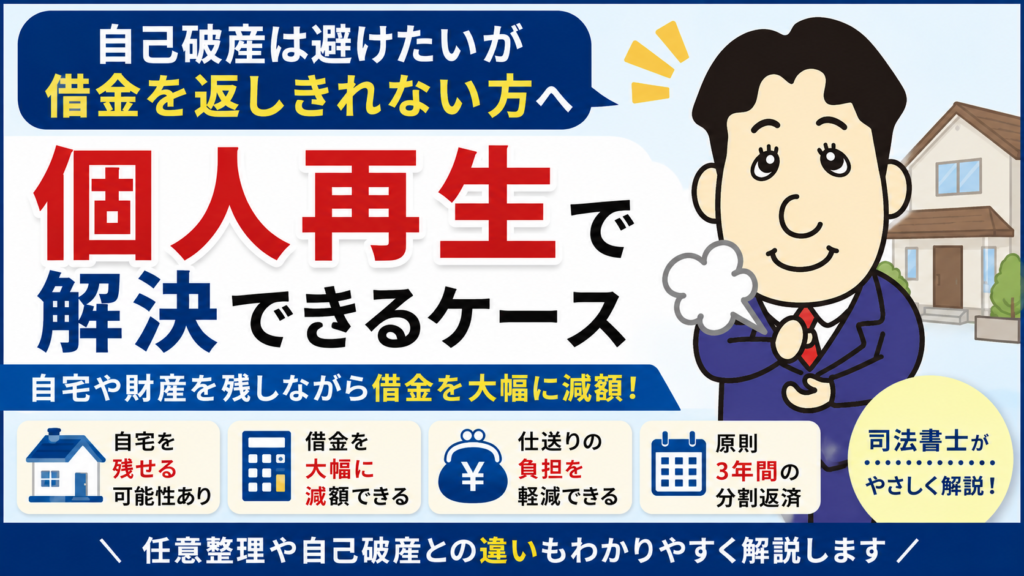 自己破産は避けたいが借金を返しきれない方へ|個人再生で解決できるケースについて司法書士が解説する横濱つきあかり法務事務所のブログ記事アイキャッチ画像