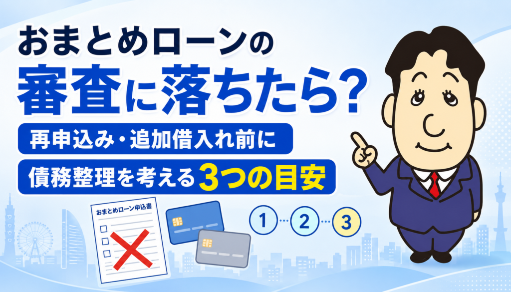 おまとめローンの審査に落ちた方へ債務整理を考える3つの目安を説明する司法書士のイラスト