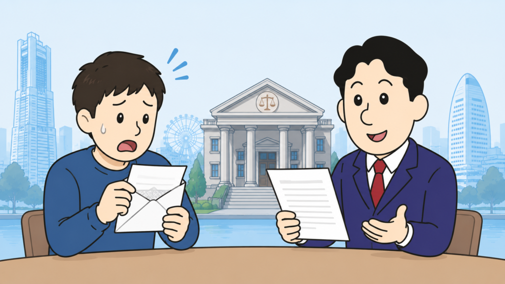 裁判所から届いた書類を見て不安になる会社員と司法書士