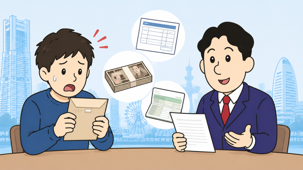 給与や預金の差押えを心配する会社員と司法書士