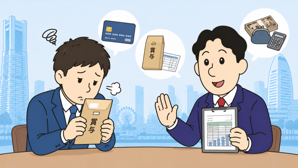 ボーナス払いの返済に悩む会社員と司法書士