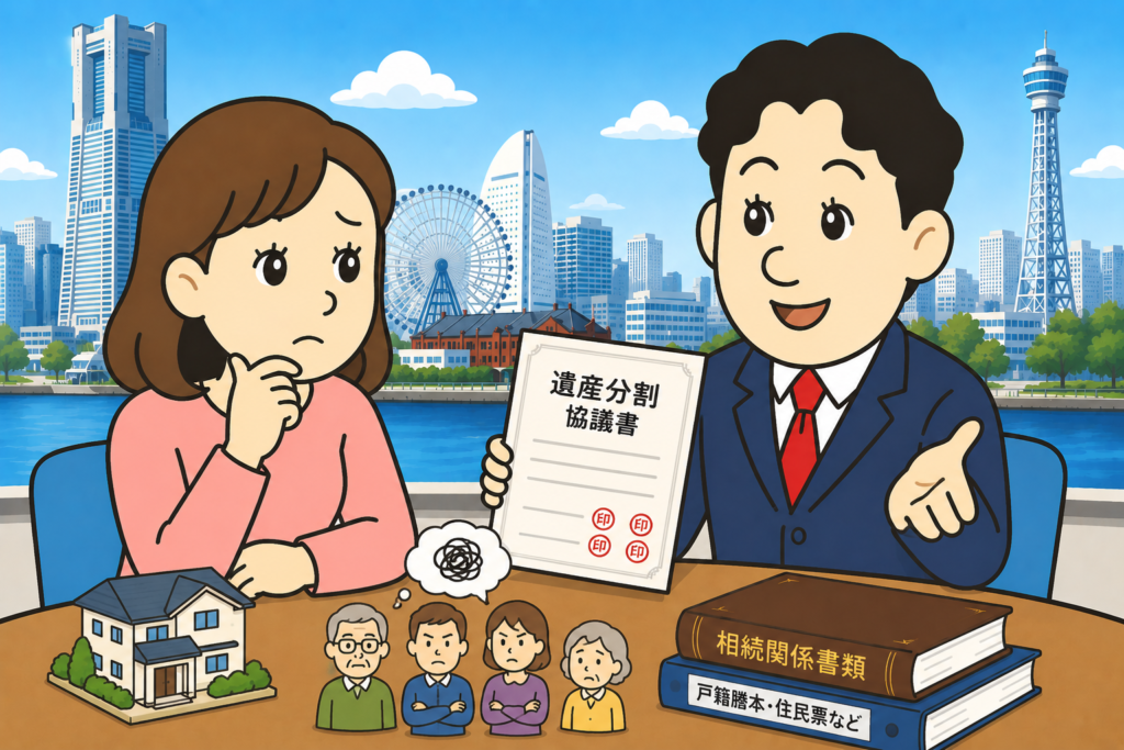 遺産分割協議について相談する相続人と司法書士