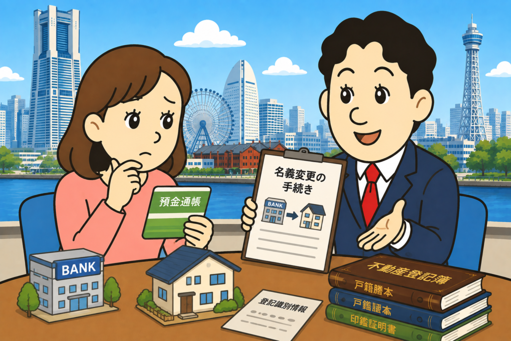 預金や不動産の名義変更について相談する相続人と司法書士