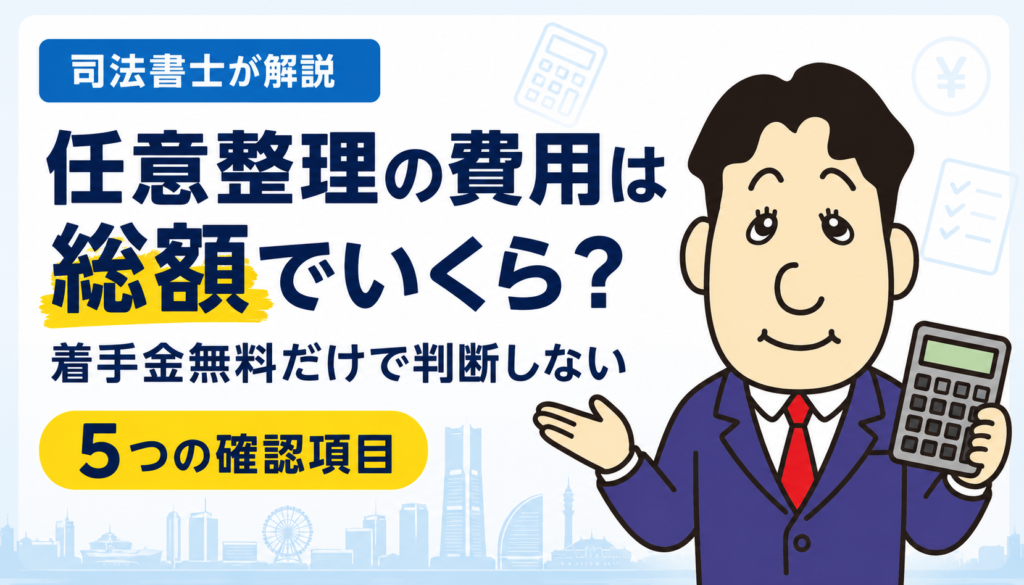 任意整理の費用総額と着手金無料だけでは分からない確認項目を司法書士が解説する横濱つきあかり法務事務所のブログ記事アイキャッチ画像