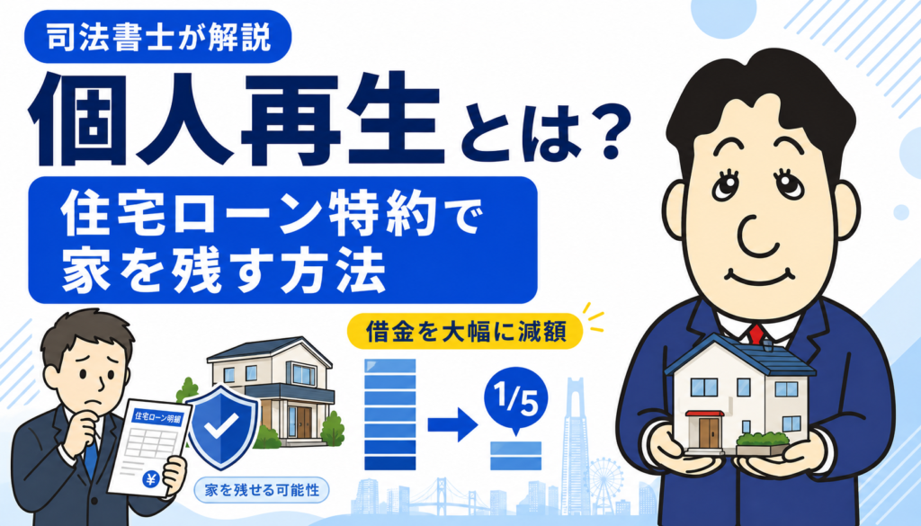 個人再生とは?借金を大幅減額したり住宅ローン特約で家を残す方法について司法書士が解説する横濱つきあかり法務事務所のブログ記事アイキャッチ画像