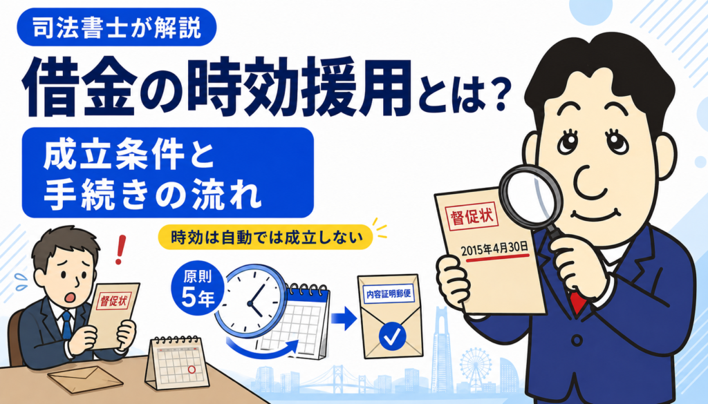 借金の時効援用とは?成立条件と手続きの流れについて司法書士が解説する横濱つきあかり法務事務所のブログ記事アイキャッチ画像