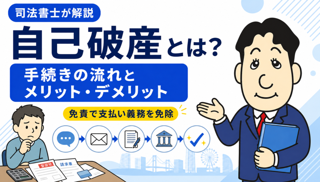 自己破産とは?手続きの流れについて司法書士が解説する横濱つきあかり法務事務所のブログ記事アイキャッチ画像