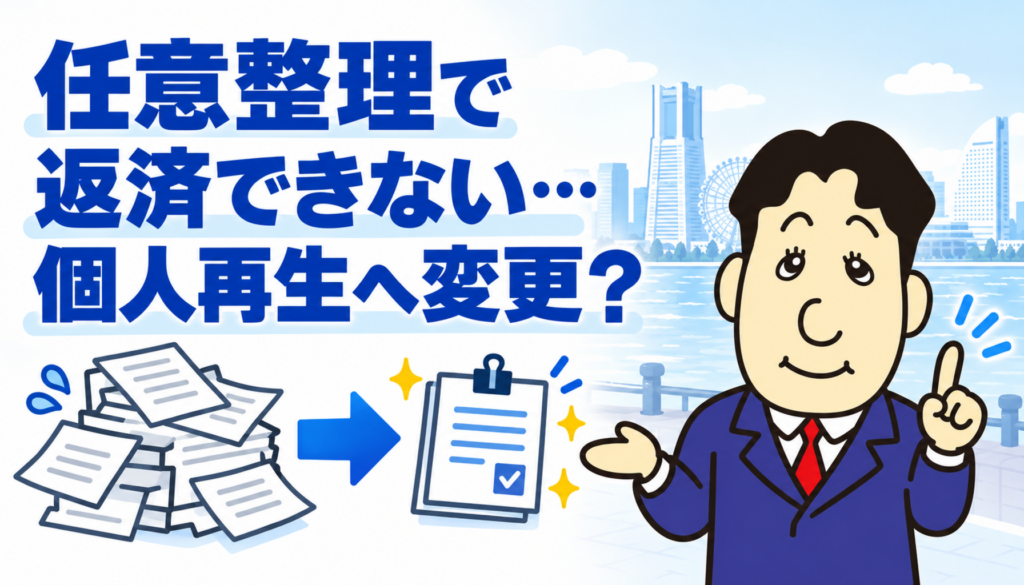 任意整理で返済できない場合の個人再生への切り替えを司法書士が解説する横濱つきあかり法務事務所のブログ記事アイキャッチ画像