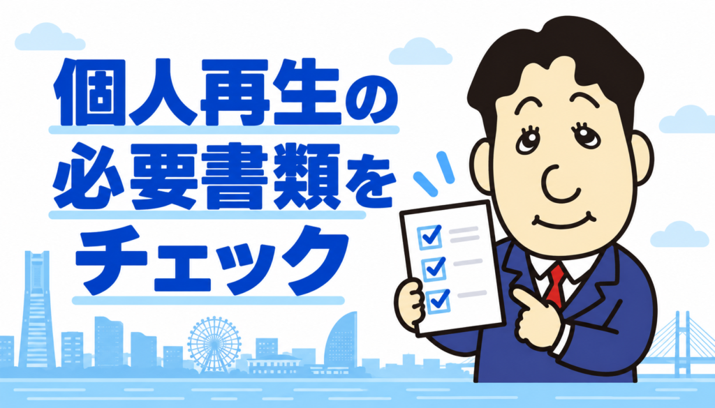 個人再生の必要書類を案内する司法書士キャラクターと、書類のチェックを表す画像