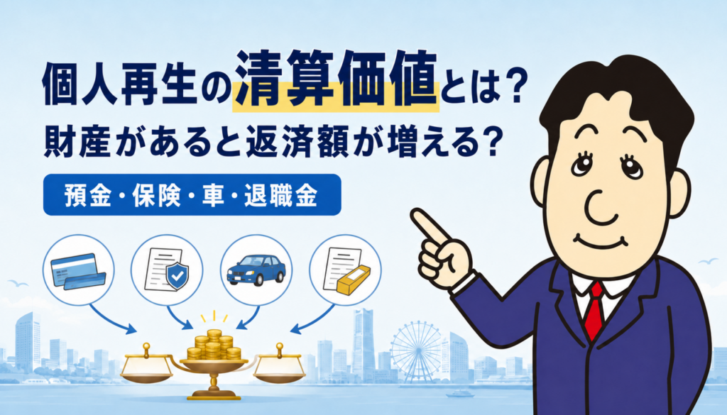個人再生の清算価値と預金・保険・車・退職金が返済額へ与える影響を司法書士が解説するアイキャッチ画像