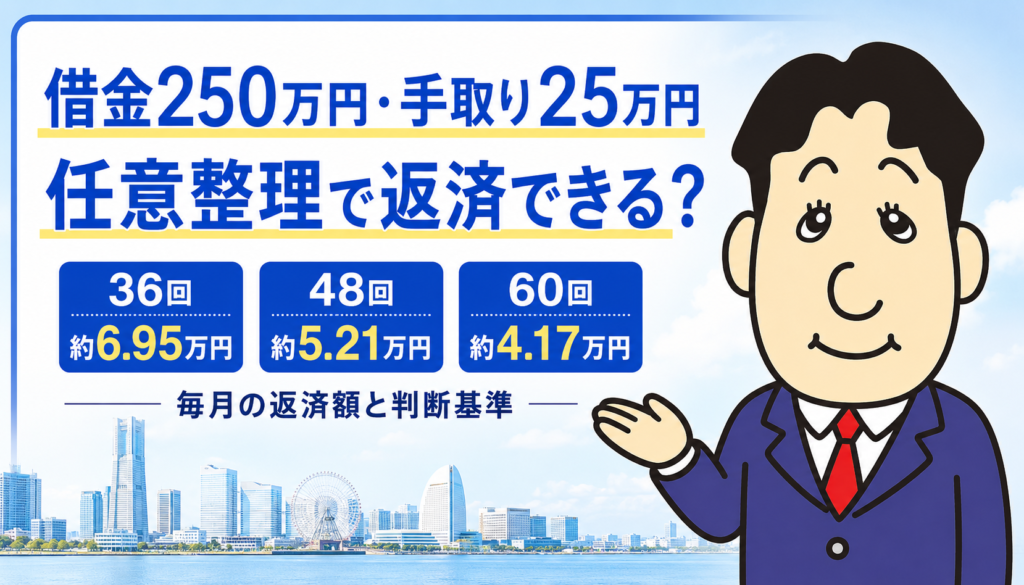 借金250万円を手取り25万円で返済できるか、任意整理と個人再生の判断基準を司法書士が解説するアイキャッチ画像