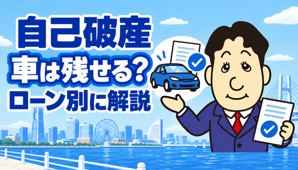 自己破産した場合の自動車ローン中・完済後・通勤用の車の扱いを司法書士が解説する横濱つきあかり法務事務所のブログ記事アイキャッチ画像